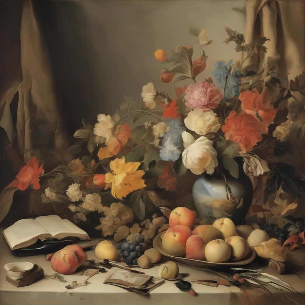 Λιτότητα και δημιουργικές προσεγγίσεις σε έργα καλλιτεχνών με λουλούδια και φρούτα.