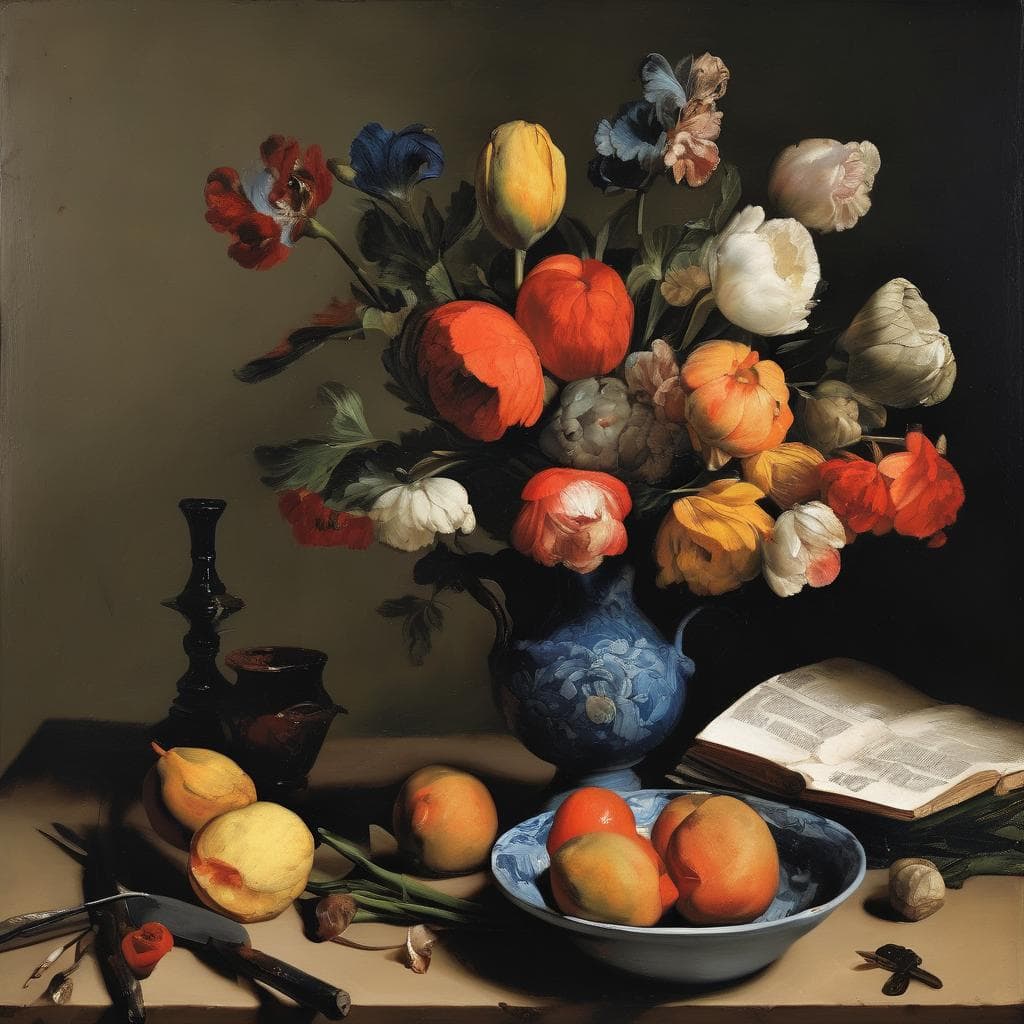 Ανθιστά λουλούδια σε μπλε βάζο, δημιουργικές προσεγγίσεις καλλιτεχνών, ζωγραφική έργα σε εσωτερικό χώρο.