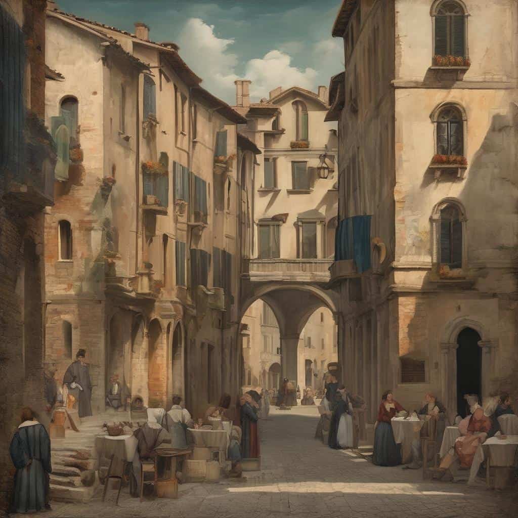 Παραδοσιακές δημιουργικές προσεγγίσεις και έργα καλλιτεχνών σε ρεαλιστικό σκίτσο δρόμου στην παλιά πόλη.